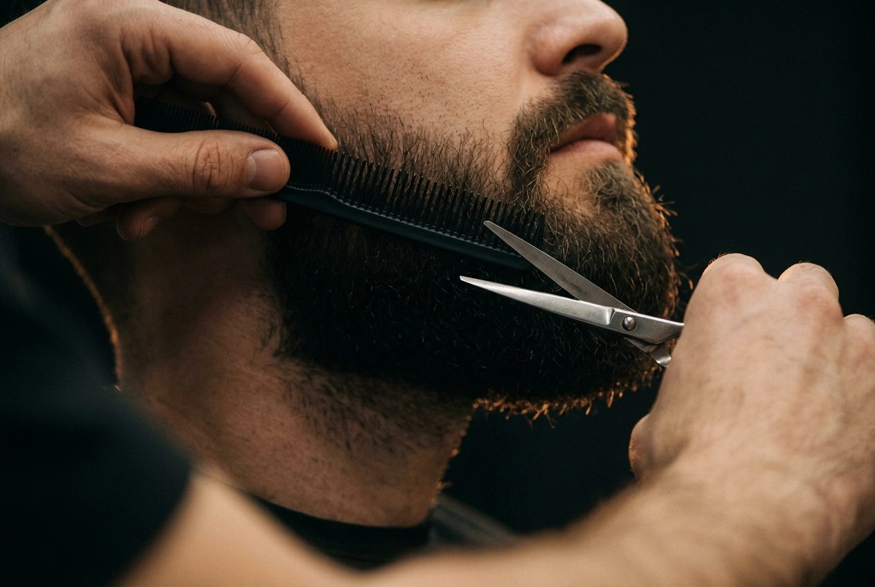 Beard being trimmed with scissors and a comb