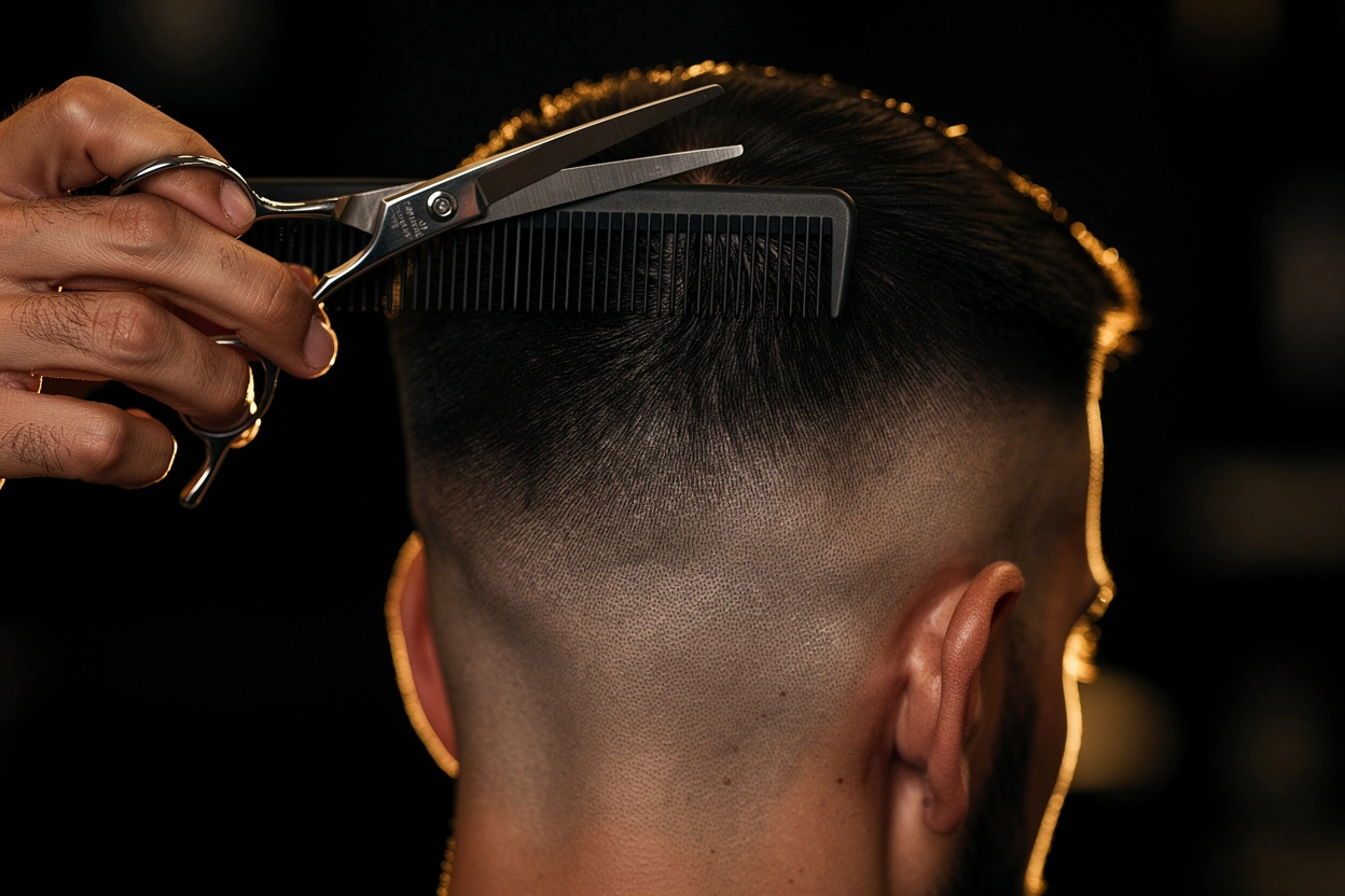 Flattop being cut with scissors over a comb